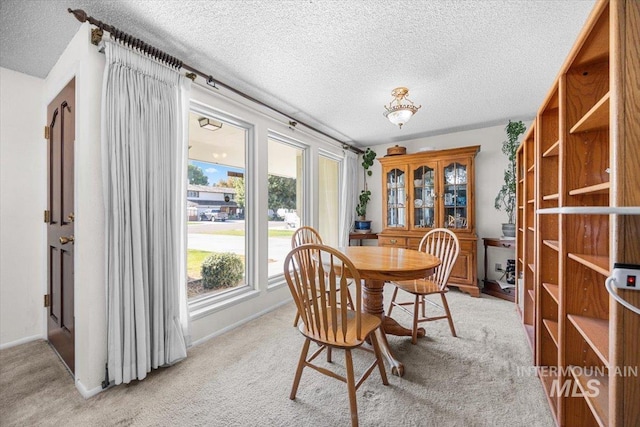 carpeted dining room featuring a textured ceiling