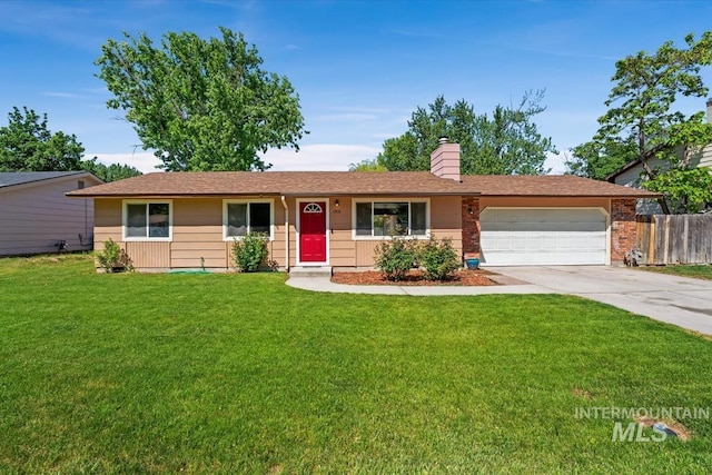 1919 S Banner St, Nampa, ID 83686 - ranch-style house featuring an attached garage, concrete driveway, and a chimney