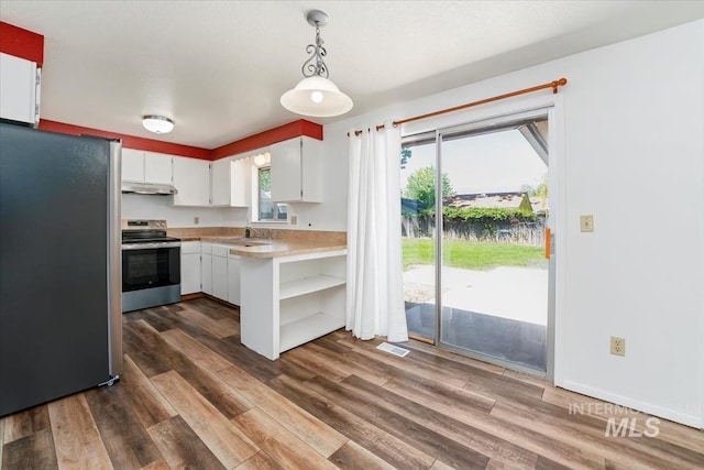1919 S Banner St, Nampa, ID 83686 - kitchen featuring stainless steel appliances, under cabinet range hood, light countertops, a sink, and dark wood-style flooring
