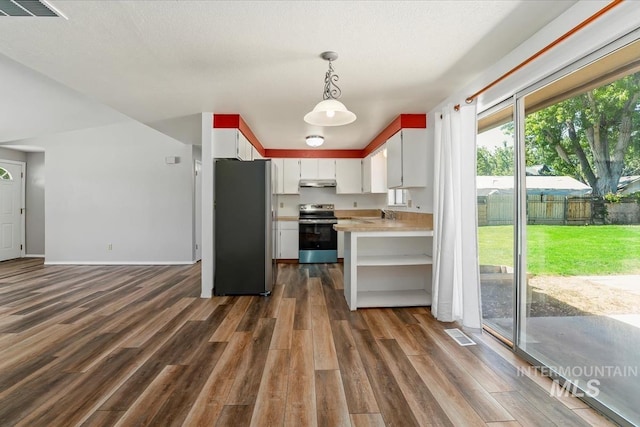 1919 S Banner St, Nampa, ID 83686 - kitchen with appliances with stainless steel finishes, under cabinet range hood, dark wood finished floors, light countertops, and open shelves