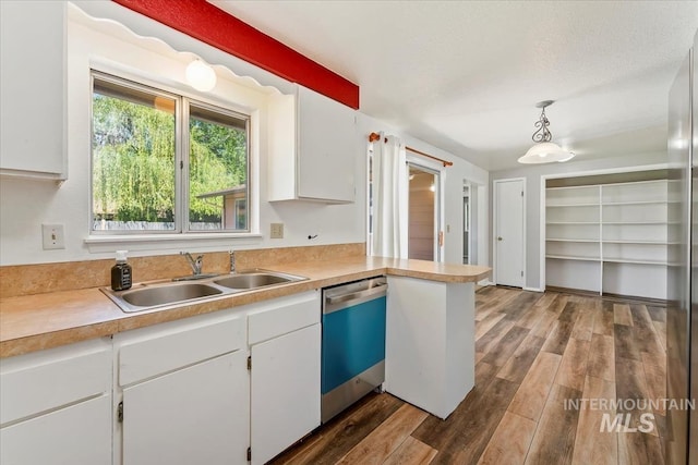 1919 S Banner St, Nampa, ID 83686 - kitchen featuring dishwashing machine, a sink, white cabinets, dark wood-type flooring, and light countertops