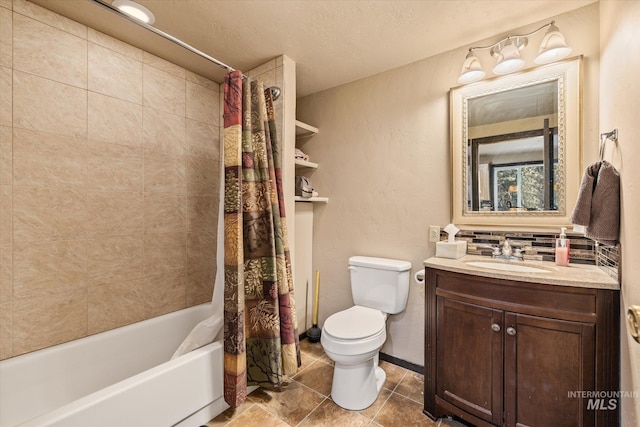 full bath featuring shower / bath combo with shower curtain, tile patterned floors, toilet, and vanity