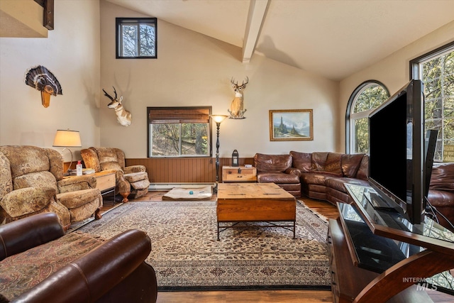 living room with high vaulted ceiling, beamed ceiling, and wood finished floors