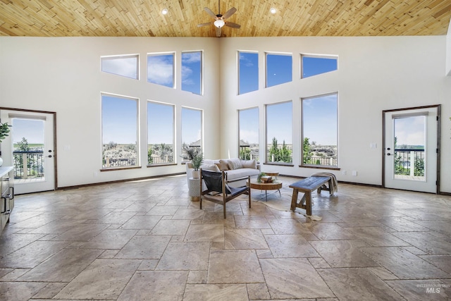 living room featuring wood ceiling, ceiling fan, and high vaulted ceiling