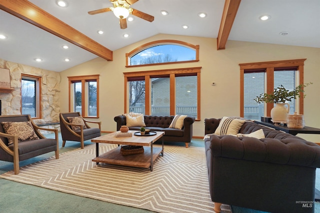 435 W 24th St, Burley, ID 83318 - carpeted living room with lofted ceiling with beams, a healthy amount of sunlight, and ceiling fan