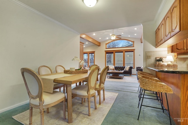 435 W 24th St, Burley, ID 83318 - carpeted dining room with lofted ceiling, crown molding, and ceiling fan