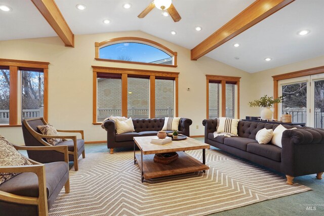 435 W 24th St, Burley, ID 83318 - carpeted living room with vaulted ceiling with beams and ceiling fan