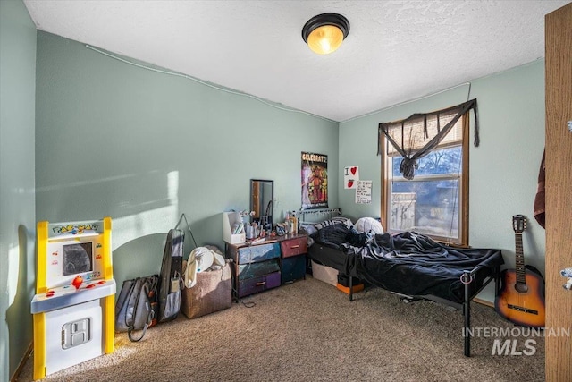 interior space with a textured ceiling and carpet