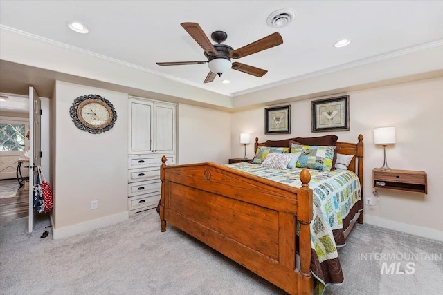 bedroom with visible vents, ornamental molding, light carpet, baseboards, and recessed lighting