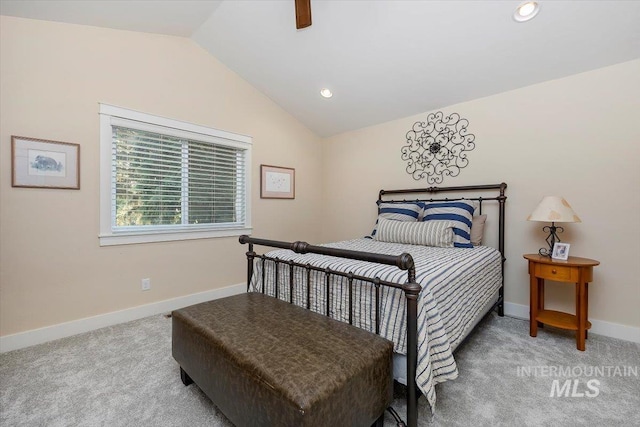 carpeted bedroom with baseboards, ceiling fan, recessed lighting, and lofted ceiling