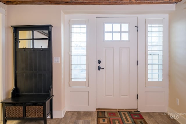 entryway with baseboards, wood finished floors, and a wealth of natural light