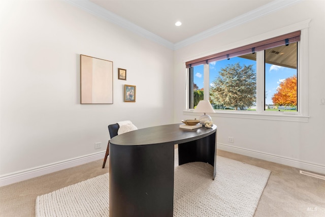 6990 S Skybreak Ln, Meridian, ID 83642 - office area with baseboards, visible vents, carpet flooring, and ornamental molding