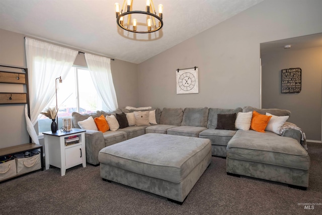 living area featuring dark colored carpet, vaulted ceiling, and an inviting chandelier