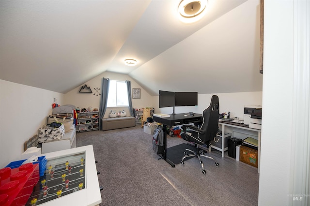 carpeted office space with lofted ceiling