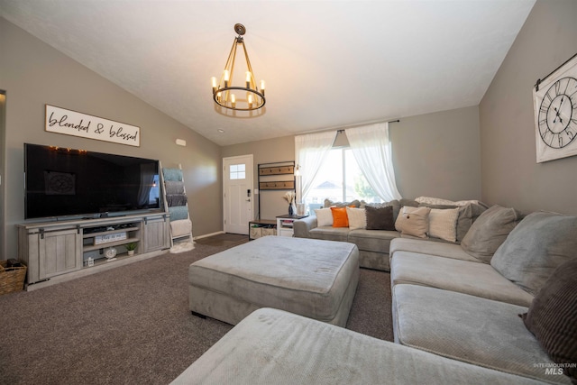 living room with lofted ceiling, a chandelier, and dark colored carpet