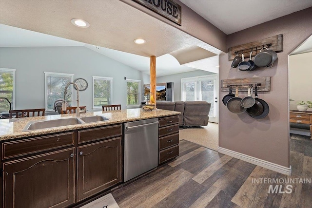2123 E 3970 N, Filer, ID 83328 - kitchen featuring dishwasher, dark wood-style flooring, a sink, dark brown cabinetry, and vaulted ceiling