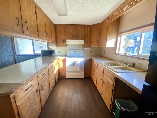 kitchen featuring sink, dark hardwood / wood-style floors, a textured ceiling, white range with electric stovetop, and kitchen peninsula