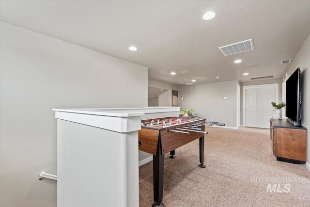 game room with carpet, visible vents, baseboards, and recessed lighting