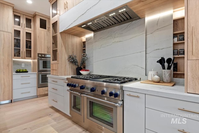 6162 N High Valley Way, Boise, ID 83714 - kitchen featuring stainless steel appliances, custom range hood, light wood-style floors, glass insert cabinets, and recessed lighting