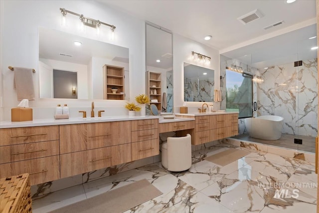 6162 N High Valley Way, Boise, ID 83714 - full bathroom with a soaking tub, two vanities, a marble finish shower, marble tiled floors, and a walk in closet