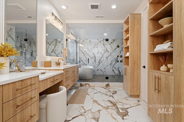 6162 N High Valley Way, Boise, ID 83714 - full bath with vanity, a marble finish shower, marble tiled flooring, a freestanding bath, and recessed lighting