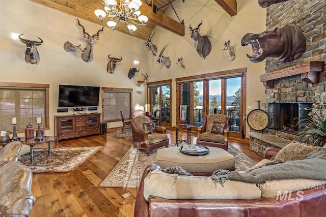 516 Whitewater Dr, Donnelly, ID 83615 - living room with hardwood / wood-style floors, a chandelier, a fireplace, high vaulted ceiling, and beam ceiling