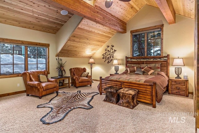 516 Whitewater Dr, Donnelly, ID 83615 - bedroom with lofted ceiling with beams, wooden ceiling, light colored carpet, and ceiling fan