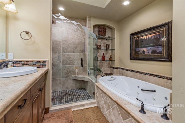 516 Whitewater Dr, Donnelly, ID 83615 - bathroom with independent shower and bath, a textured ceiling, tile floors, and vanity