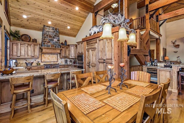 516 Whitewater Dr, Donnelly, ID 83615 - dining space featuring high vaulted ceiling, wooden ceiling, sink, and light wood-type flooring