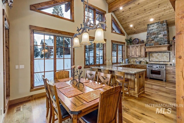 516 Whitewater Dr, Donnelly, ID 83615 - dining room featuring an inviting chandelier, high vaulted ceiling, light hardwood / wood-style flooring, a wealth of natural light, and wooden ceiling