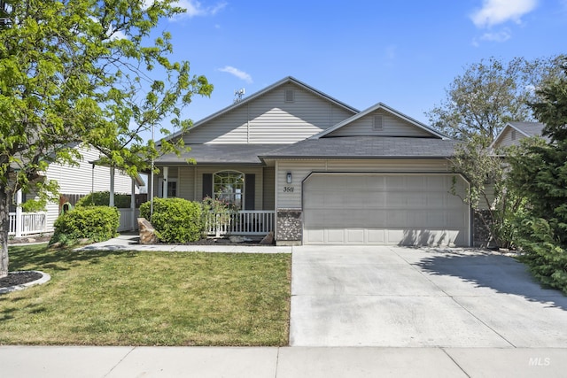 single story home featuring covered porch, driveway, a front yard, a garage, and a shingled roof