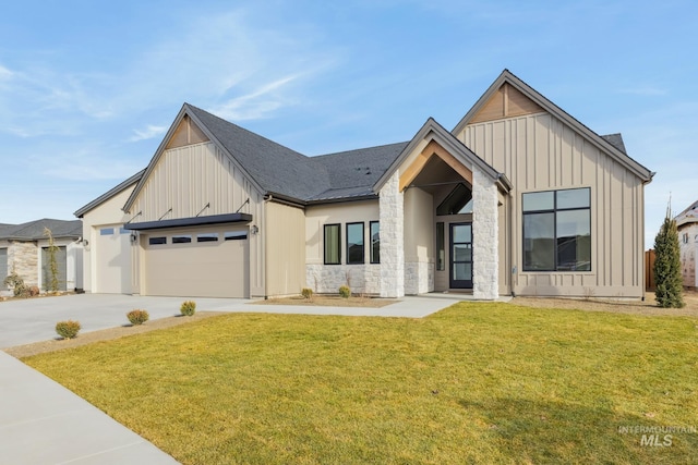 modern farmhouse style home with a garage and a front lawn