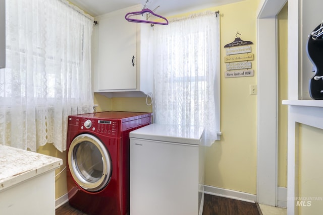 411 E 6th Ave, Twin Falls, ID 83301 - clothes washing area with cabinet space, washing machine and dryer, baseboards, and wood finished floors
