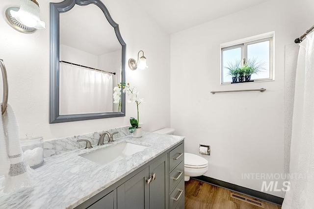 bathroom with toilet, vanity, and wood-type flooring