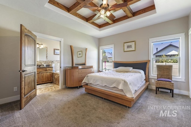 2157 Cayuse St, Twin Falls, ID 83301 - bedroom featuring coffered ceiling, light carpet, beamed ceiling, baseboards, and ensuite bathroom
