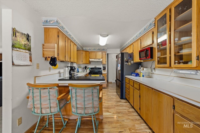 4667 S Shawnee Way, Boise, ID 83709 - kitchen with appliances with stainless steel finishes, under cabinet range hood, light wood-style floors, a textured ceiling, and a peninsula