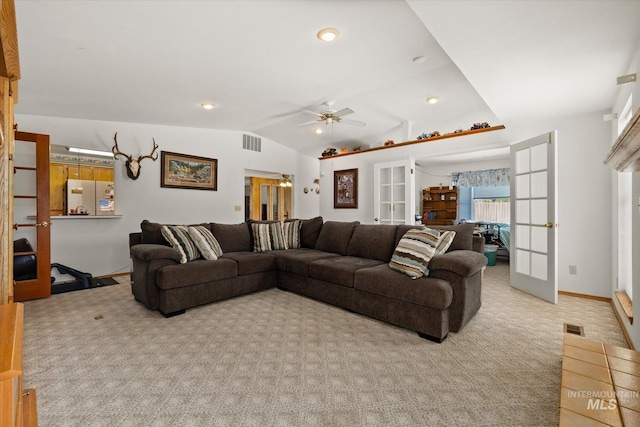 4667 S Shawnee Way, Boise, ID 83709 - carpeted living area featuring french doors, vaulted ceiling, and ceiling fan