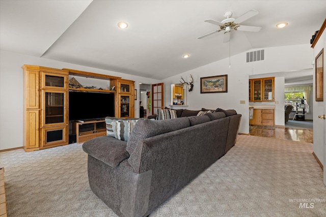 4667 S Shawnee Way, Boise, ID 83709 - living room with light carpet, vaulted ceiling, ceiling fan, and recessed lighting