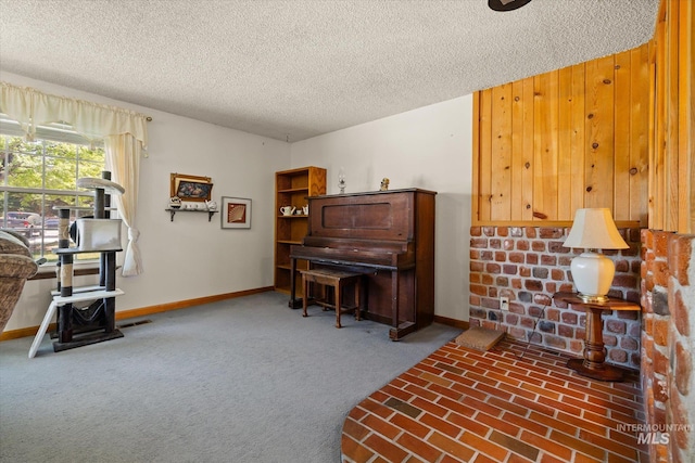 4667 S Shawnee Way, Boise, ID 83709 - living area with a textured ceiling, carpet flooring, and brick floors