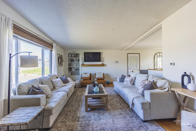 living area with wood finished floors and a textured ceiling