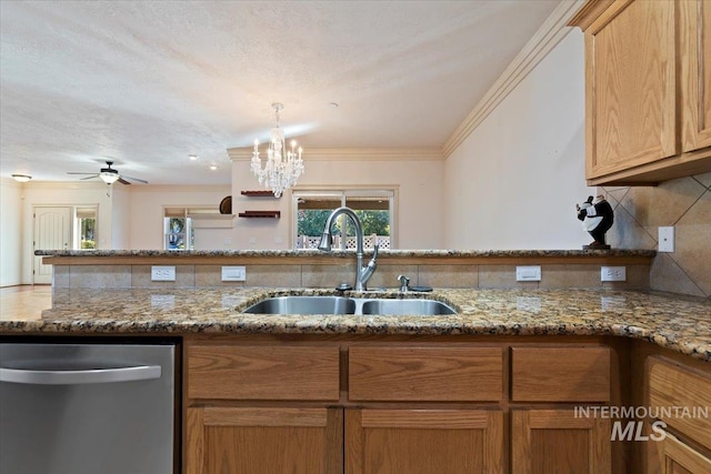 kitchen featuring tasteful backsplash, sink, stainless steel dishwasher, light stone counters, and crown molding