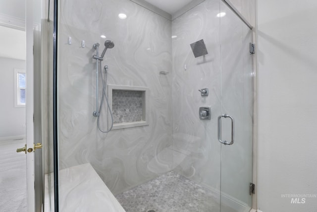816 River View Dr, Twin Falls, ID 83301 - bathroom featuring baseboards and a marble finish shower