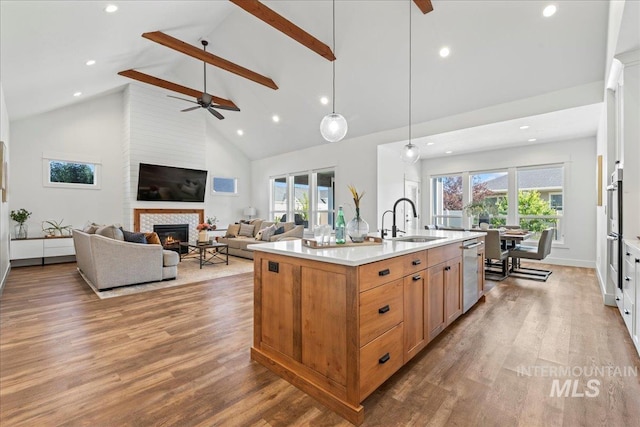 492 Applecreek St, Middleton, ID 83644 - kitchen featuring high vaulted ceiling, beamed ceiling, wood finished floors, a glass covered fireplace, and stainless steel appliances