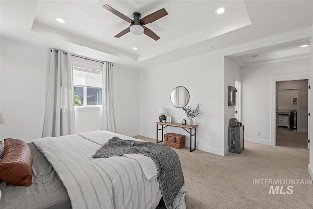 492 Applecreek St, Middleton, ID 83644 - bedroom featuring a raised ceiling, light colored carpet, recessed lighting, and ceiling fan