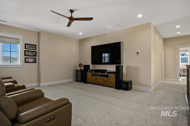 9351 W Sooty Grouse Ct, Boise, ID 83714 - living room featuring ceiling fan, healthy amount of natural light, light colored carpet, baseboards, and recessed lighting