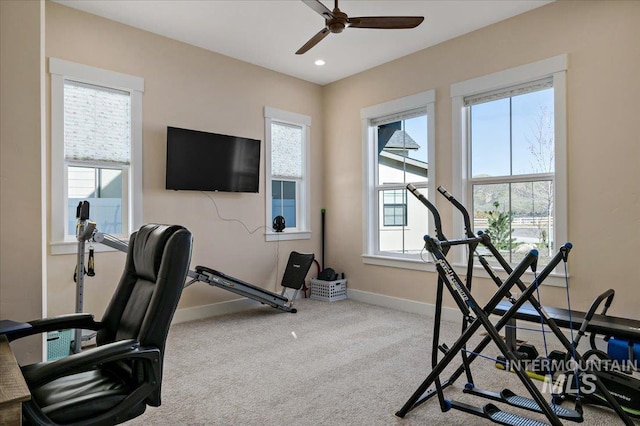 9351 W Sooty Grouse Ct, Boise, ID 83714 - exercise room featuring ceiling fan, baseboards, carpet flooring, and recessed lighting