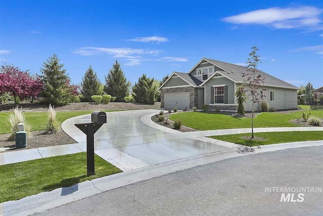 craftsman inspired home featuring a front lawn and a garage