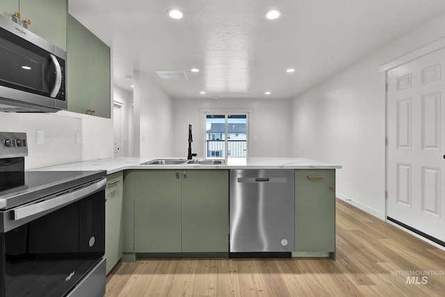 kitchen featuring green cabinetry, a sink, a peninsula, stainless steel appliances, and visible vents