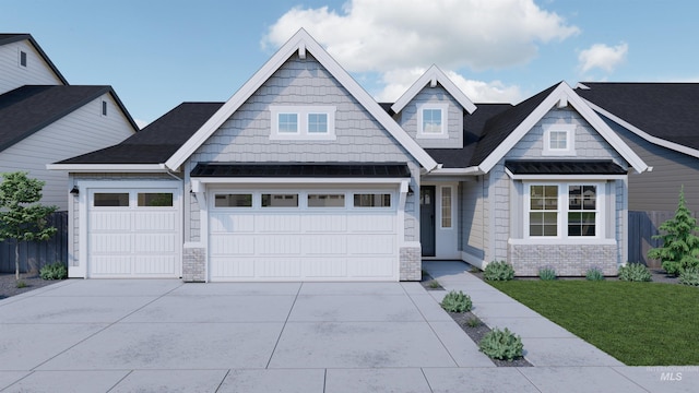 craftsman house with a standing seam roof, an attached garage, driveway, and fence