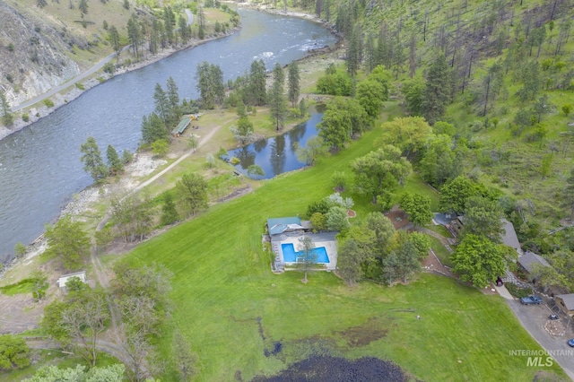 aerial view featuring a water view